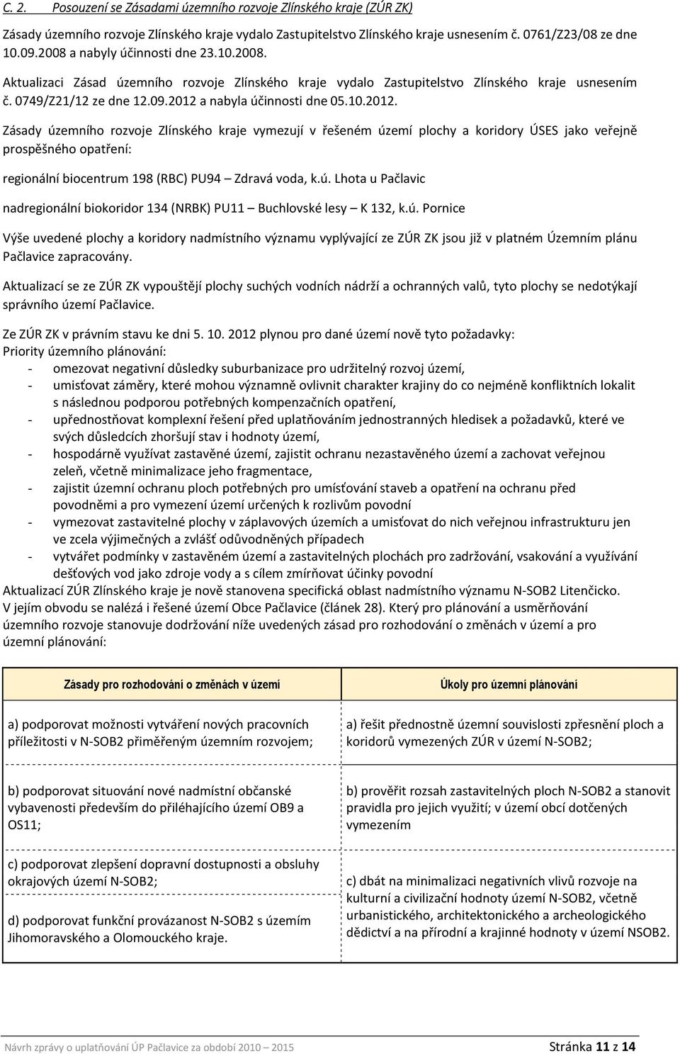 10.2012. Zásady územního rozvoje Zlínského kraje vymezují v řešeném území a koridory ÚSES jako veřejně prospěšného opatření: regionální biocentrum 198 (RBC) PU94 Zdravá voda, k.ú. Lhota u Pačlavic nadregionální biokoridor 134 (NRBK) PU11 Buchlovské lesy K 132, k.