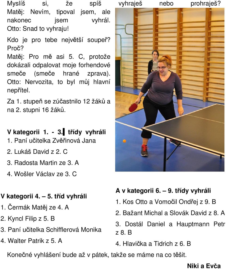 třídy vyhráli 1. Paní učitelka Zvěřinová Jana 2. Lukáš David z 2. C 3. Radosta Martin ze 3. A 4. Wošler Václav ze 3. C V kategorii 4. 5. tříd vyhráli 1. Čermák Matěj ze 4. A 2. Kyncl Filip z 5. B 3.