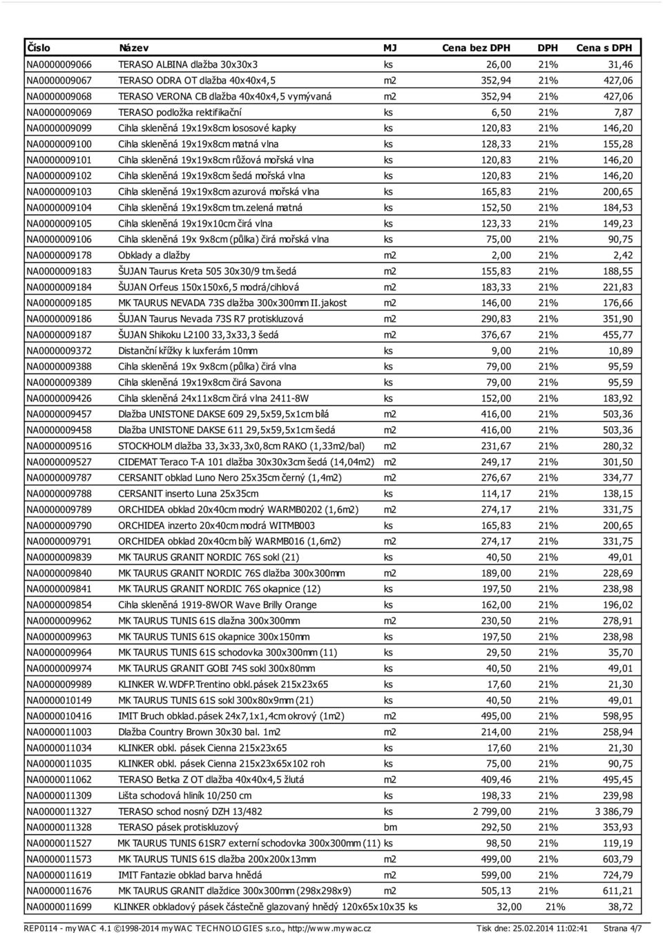 21% 155,28 NA0000009101 Cihla skleněná 19x19x8cm růžová mořská vlna ks 120,83 21% 146,20 NA0000009102 Cihla skleněná 19x19x8cm šedá mořská vlna ks 120,83 21% 146,20 NA0000009103 Cihla skleněná