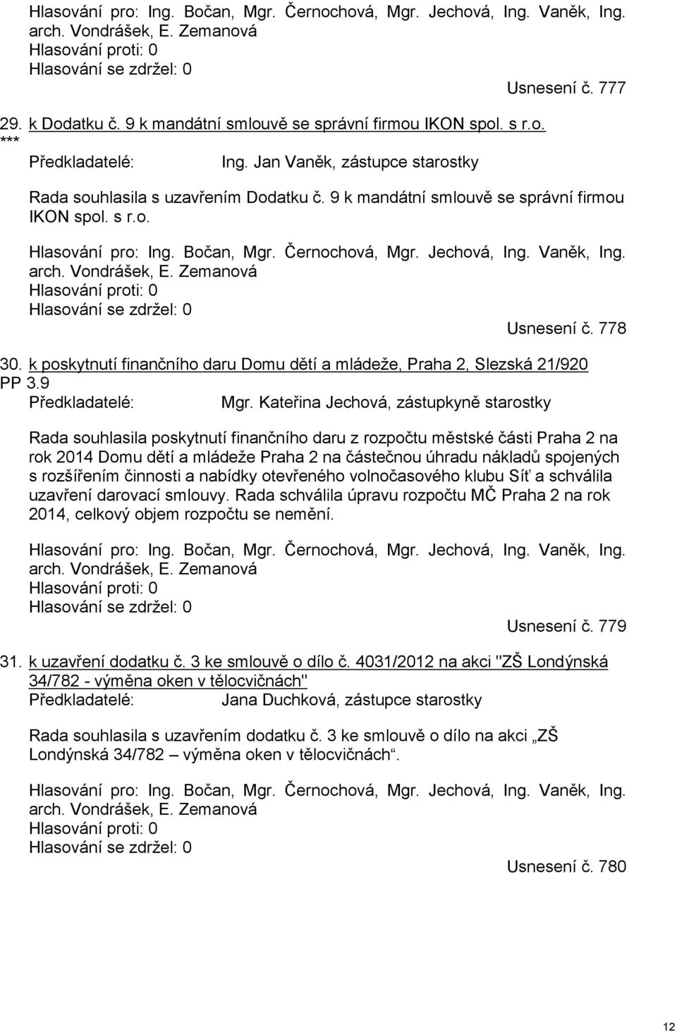 Bočan, Mgr. Černochová, Mgr. Jechová, Ing. Vaněk, Ing. arch. Vondrášek, E. Zemanová Hlasování proti: 0 Hlasování se zdržel: 0 Usnesení č. 778 30.