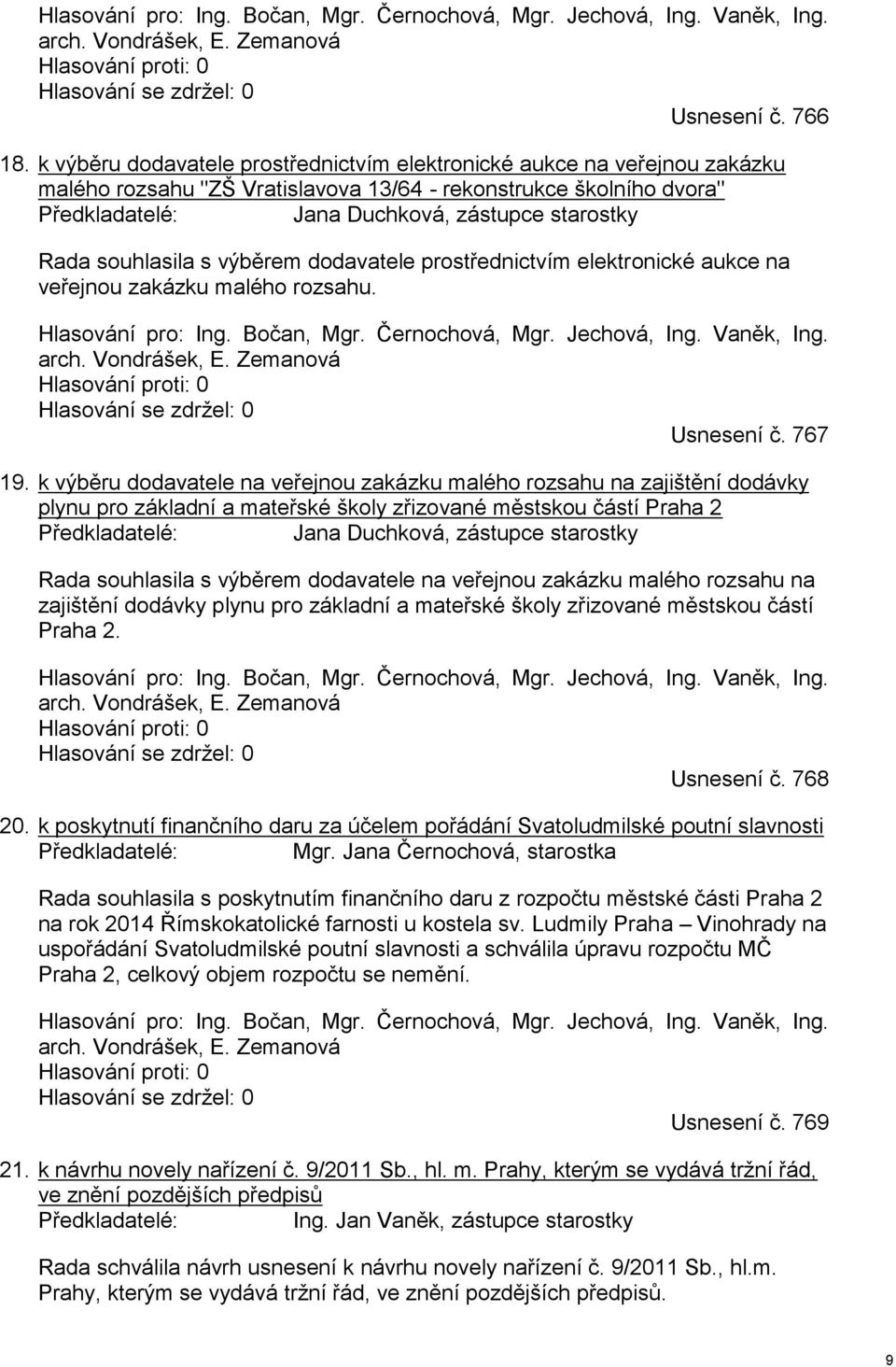 souhlasila s výběrem dodavatele prostřednictvím elektronické aukce na veřejnou zakázku malého rozsahu. Hlasování pro: Ing. Bočan, Mgr. Černochová, Mgr. Jechová, Ing. Vaněk, Ing. arch. Vondrášek, E.