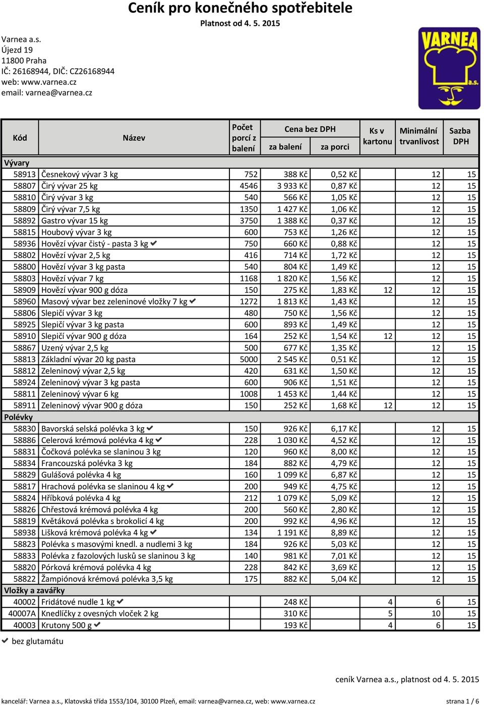 Gastro vývar 15 kg 3750 1 388 Kč 0,37 Kč 58815 Houbový vývar 3 kg 600 753 Kč 1,26 Kč 58936 Hovězí vývar čistý - pasta 3 kg 750 660 Kč 0,88 Kč 58802 Hovězí vývar 2,5 kg 416 714 Kč 1,72 Kč 58800 Hovězí