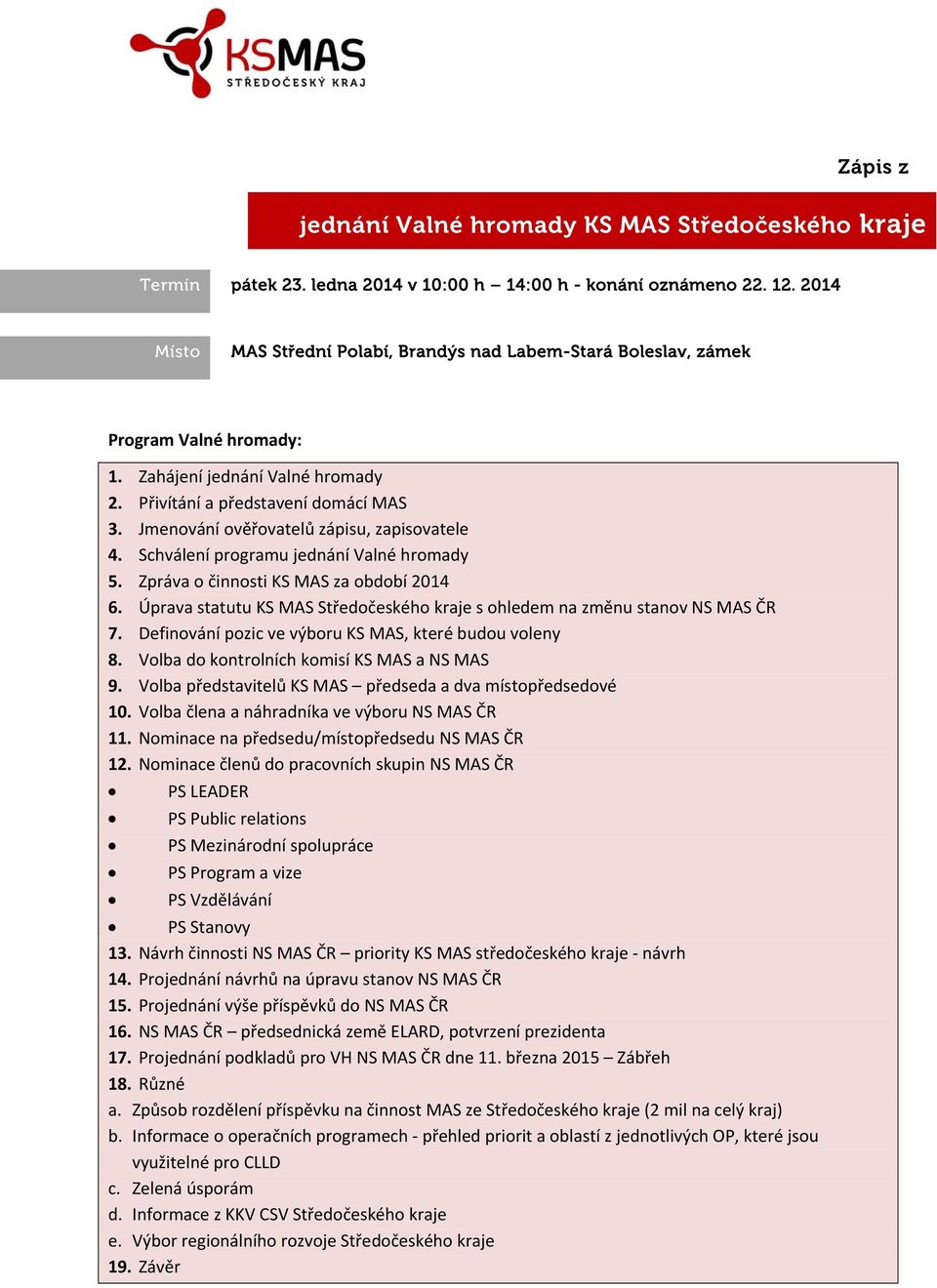 Jmenování ověřovatelů zápisu, zapisovatele 4. Schválení programu jednání Valné hromady 5. Zpráva o činnosti KS MAS za období 2014 6.