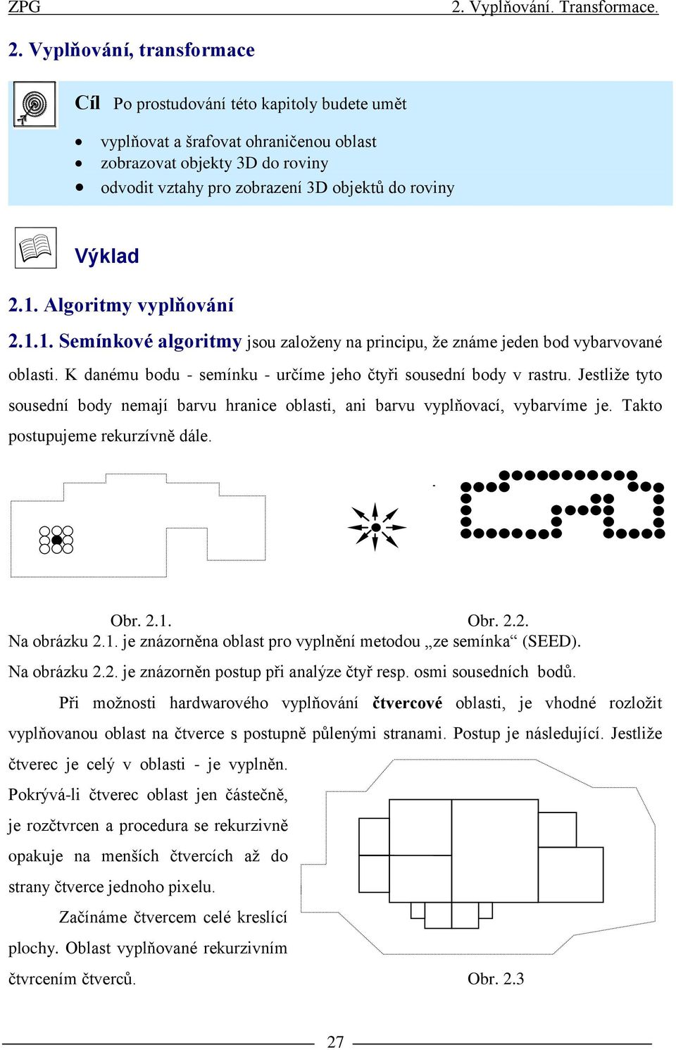 Jestliže tto sousední bod nemají barvu hranice oblasti, ani barvu vplňovací, vbarvíme je. Takto postupujeme rekurzívně dále. Obr. 2.. Obr. 2.2. Na obrázku 2.