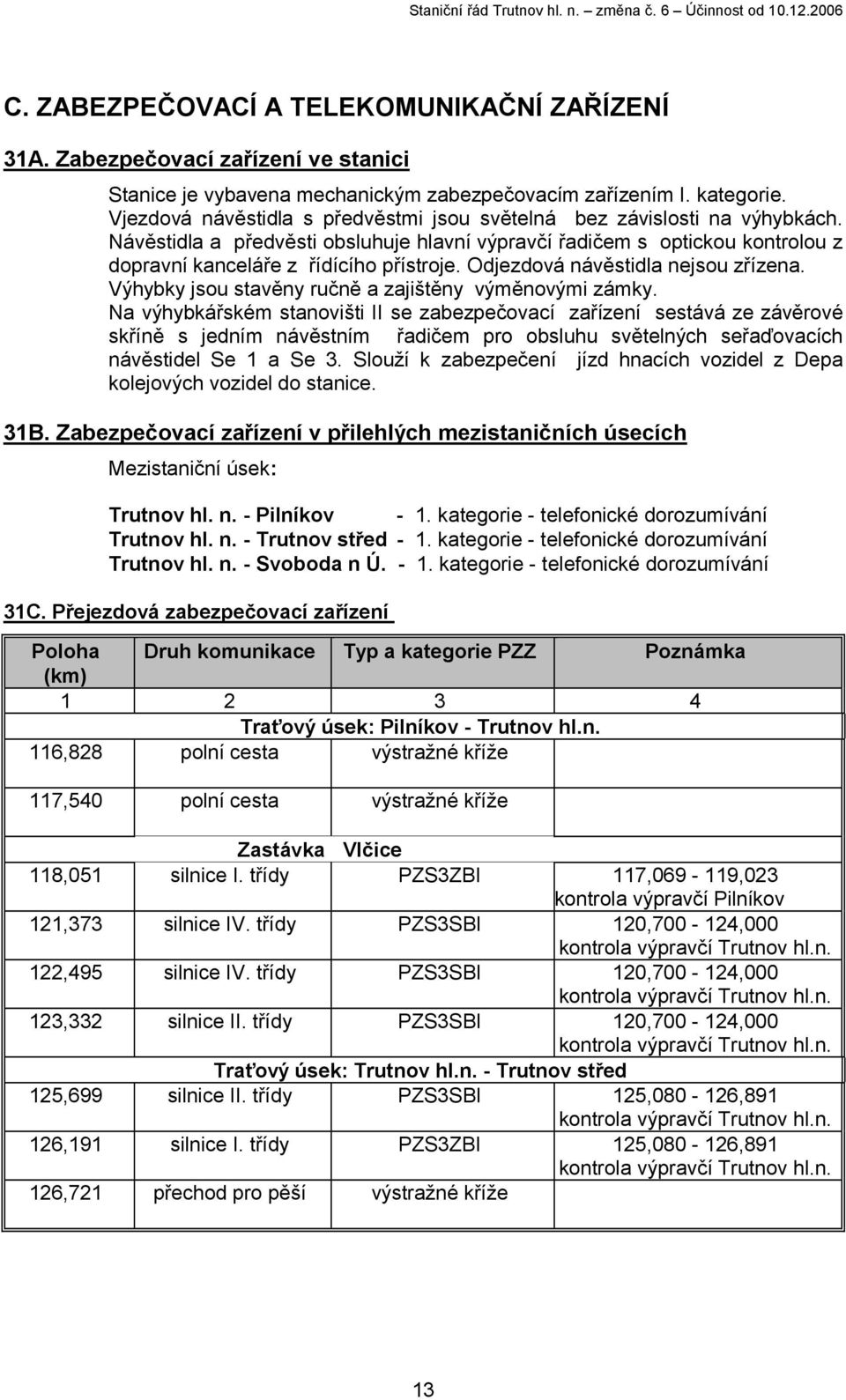 Odjezdová návěstidla nejsou zřízena. Výhybky jsou stavěny ručně a zajištěny výměnovými zámky.