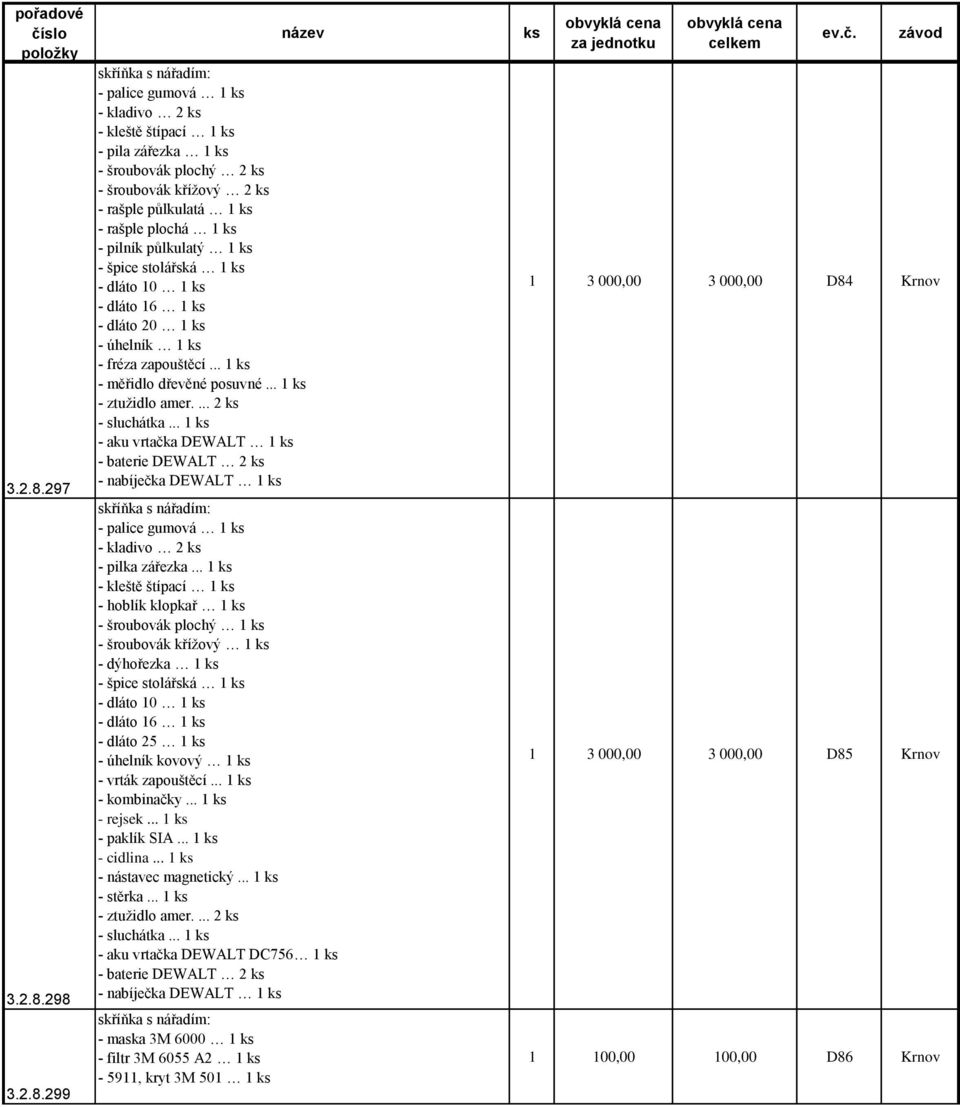 dláto 20 1 - úhelník 1 - fréza zapouštěcí... 1 - měřidlo dřevěné posuvné... 1 - ztužidlo amer.... 2 - sluchátka... 1 - aku vrtačka DEWALT 1 - palice gumová 1 - kladivo 2 - pilka zářezka.