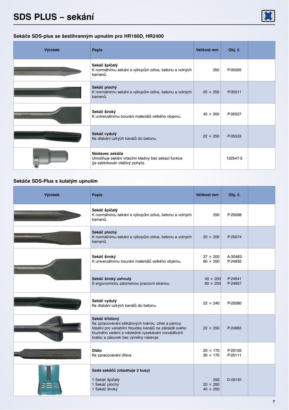 22 250 P-05533 Nástavec sekáče Umožňuje sekání vrtacími kladivy bez sekací funkce (je zablokován otáčivý pohyb). 122547-5 Sekáče SDS-Plus s kulatým upnutím Výrobek Popis Velikost mm Obj. č.