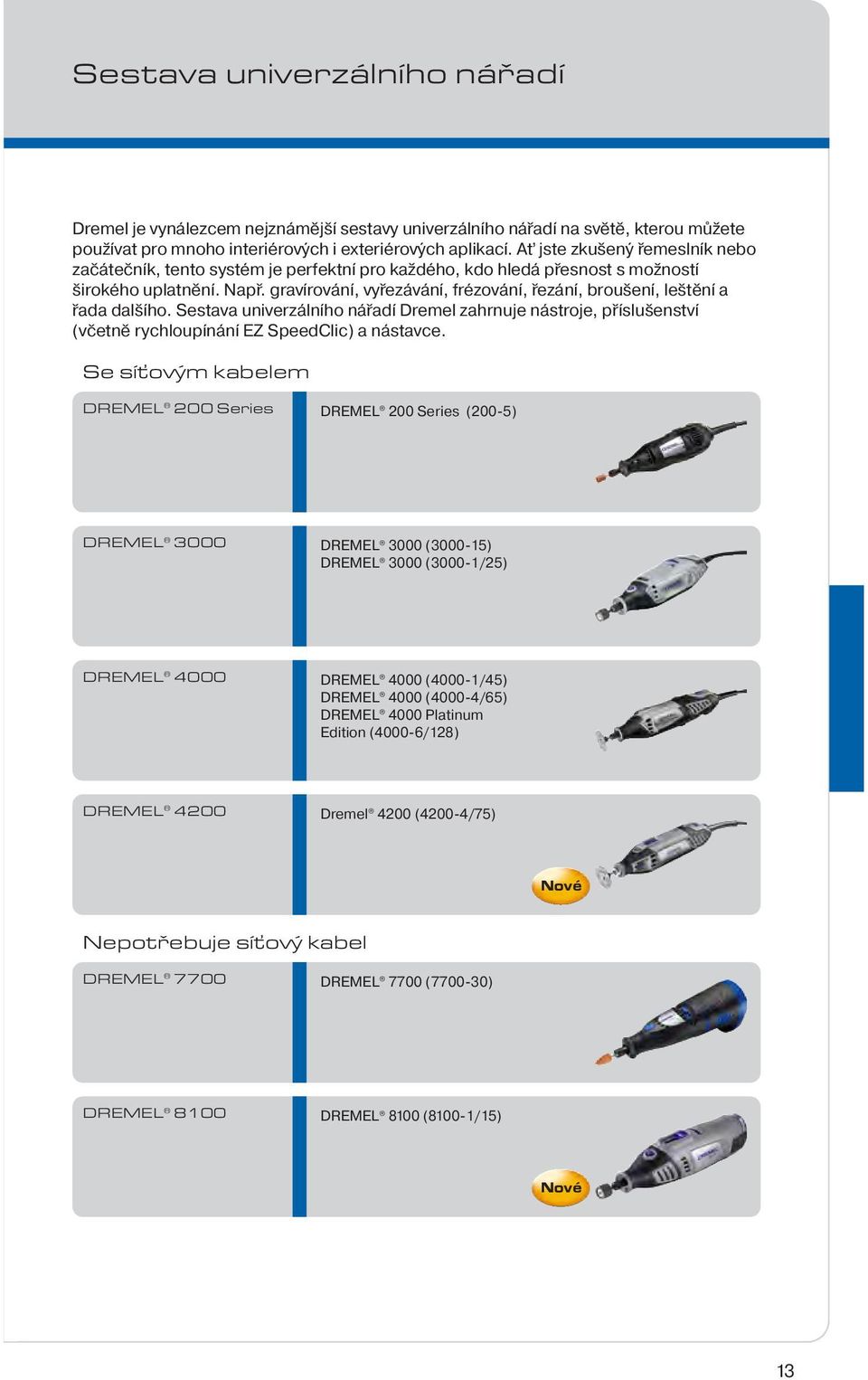 gravírování, vyřezávání, frézování, řezání, broušení, leštění a řada dalšího. Sestava univerzálního nářadí Dremel zahrnuje nástroje, příslušenství (včetně rychloupínání EZ SpeedClic) a nástavce.