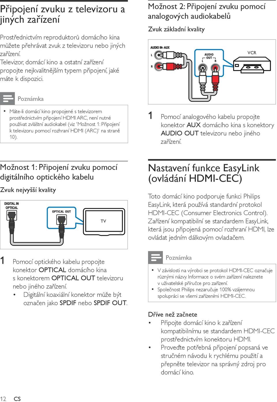 Možnost 2: Připojení zvuku pomocí analogových audiokabelů Zvuk základní kvality AUDIO IN- AUX VCR Poznámka Máte-li domácí kino propojené s televizorem prostřednictvím připojení HDMI ARC, není nutné