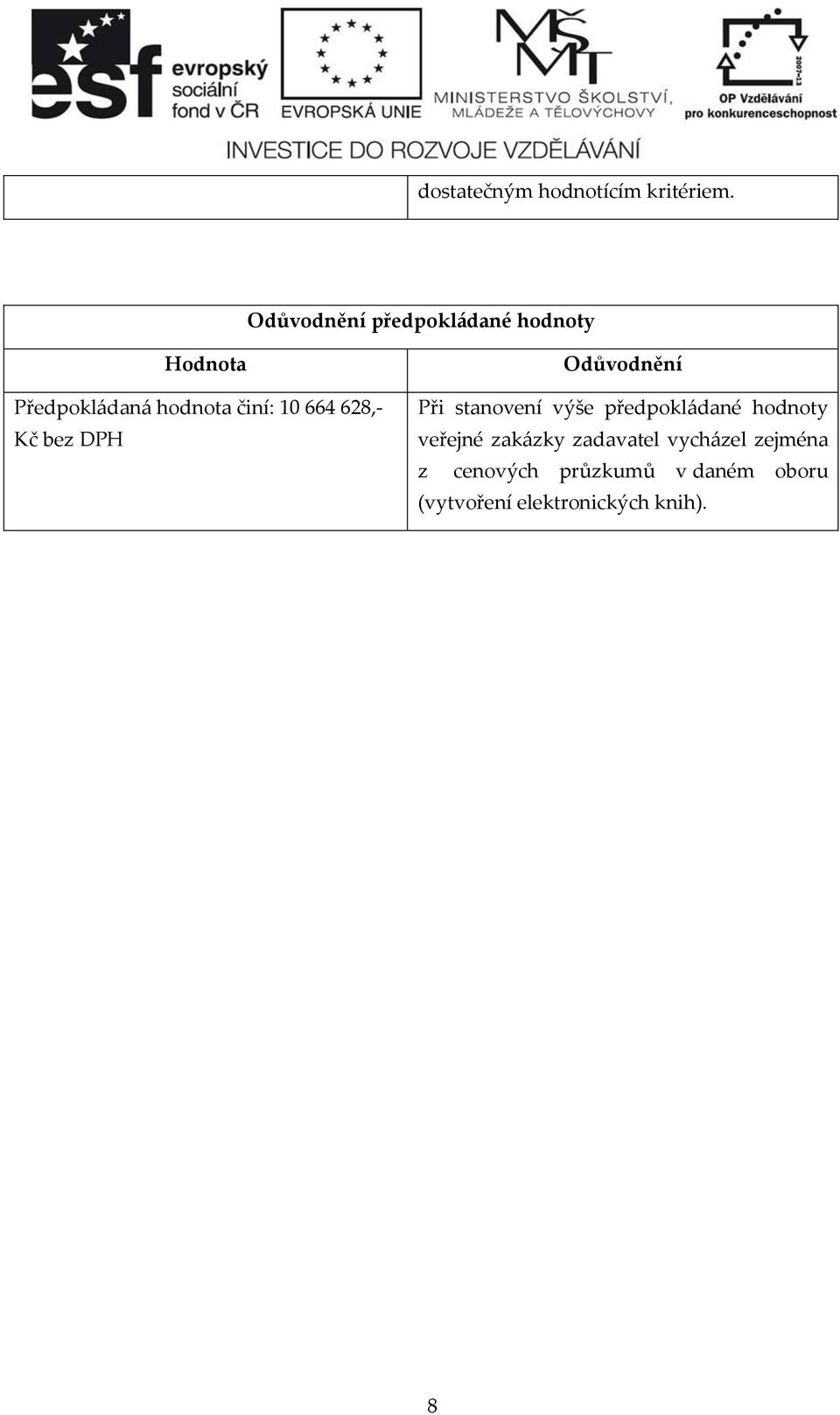 664 628,- Kč bez DPH Odůvodnění Při stanovení výše předpokládané hodnoty