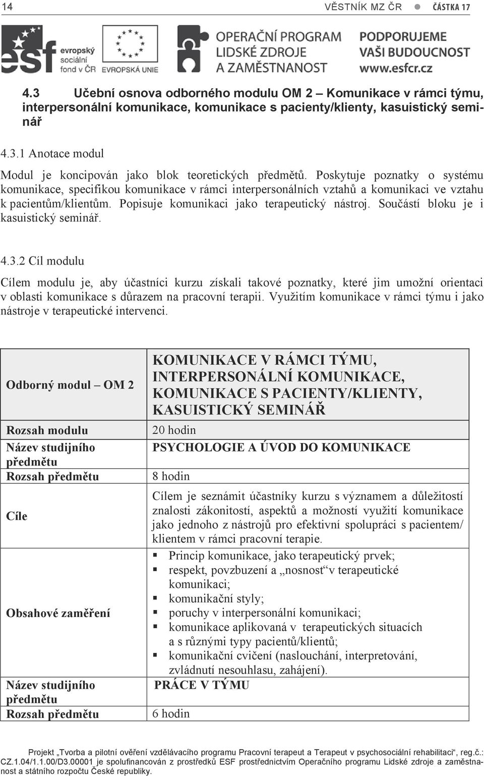 Součástí bloku je i kasuistický seminář. 4.3.2 Cíl modulu m modulu je, aby účastníci kurzu získali takové poznatky, které jim umožní orientaci v oblasti komunikace s důrazem na pracovní terapii.