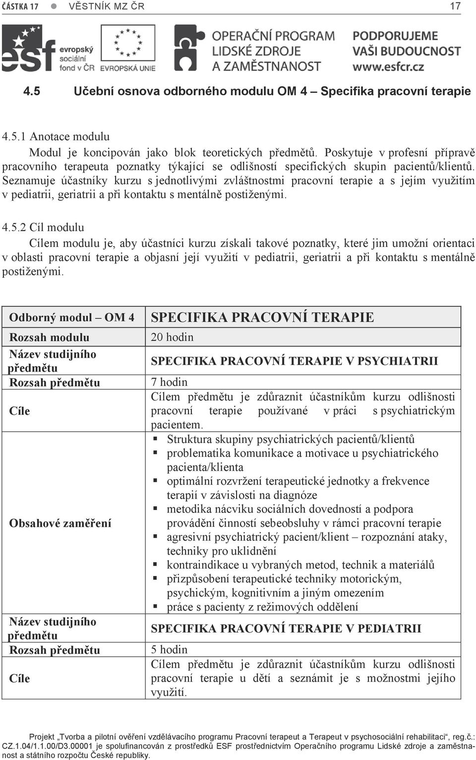 Seznamuje účastníky kurzu s jednotlivými zvláštnostmi pracovní terapie a s jejím využitím v pediatrii, geriatrii a při kontaktu s mentálně postiženými. 4.5.