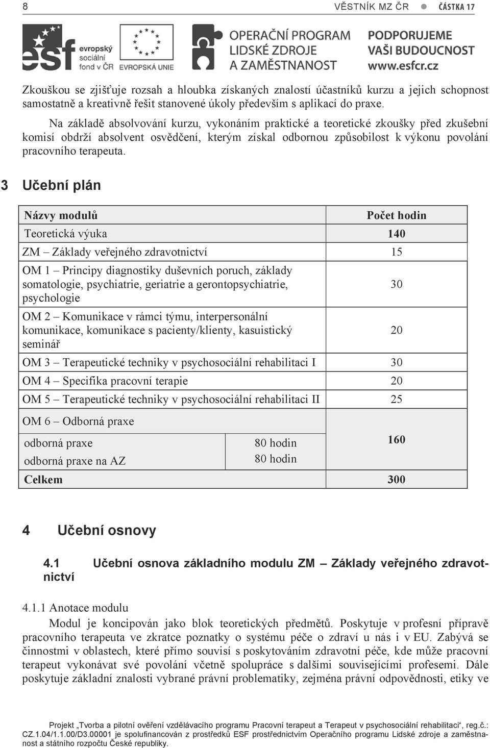 3 Učební plán Názvy modulů Počet hodin Teoretická výuka 140 ZM Základy veřejného zdravotnictví 15 OM 1 Principy diagnostiky duševních poruch, základy somatologie, psychiatrie, geriatrie a