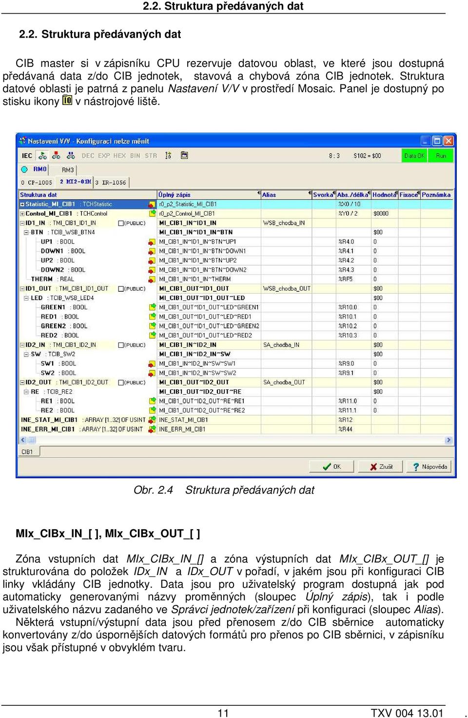 4 Struktura předávaných dat MIx_CIBx_IN_[ ], MIx_CIBx_OUT_[ ] Zóna vstupních dat MIx_CIBx_IN_[] a zóna výstupních dat MIx_CIBx_OUT_[] je strukturována do položek IDx_IN a IDx_OUT v pořadí, v jakém