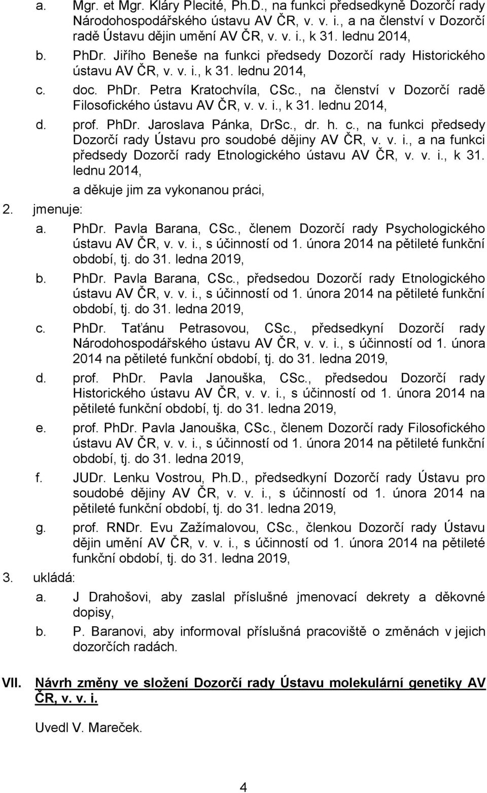 , na členství v Dozorčí radě Filosofického ústavu AV ČR, v. v. i., k 31. lednu 2014, d. prof. PhDr. Jaroslava Pánka, DrSc., dr. h. c.