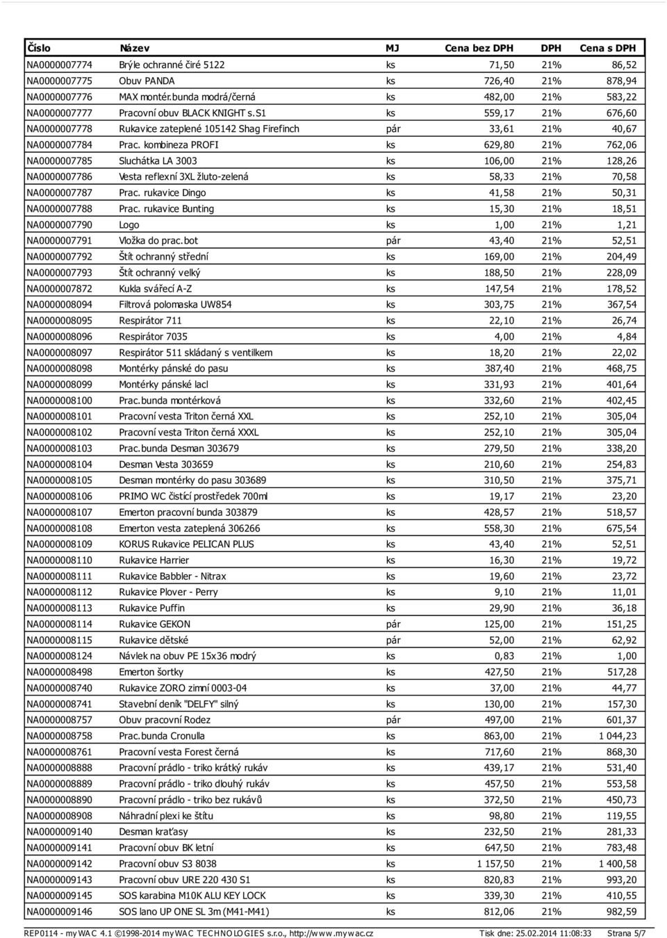 kombineza PROFI ks 629,80 21% 762,06 NA0000007785 Sluchátka LA 3003 ks 106,00 21% 128,26 NA0000007786 Vesta reflexní 3XL žluto-zelená ks 58,33 21% 70,58 NA0000007787 Prac.