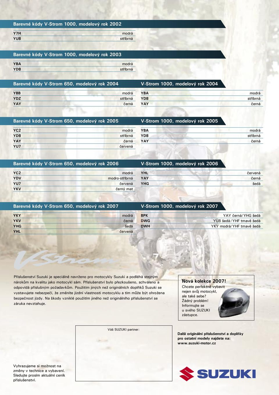 Barevné kódy V-Strom 650, modelový rok 2006 V-Strom 1000, modelový rok 2006 YC2 YHL červená YDV modro-stříbrná YAY černá YU7 červená YHG šedá YKV černý mat Barevné kódy V-Strom 650, modelový rok 2007