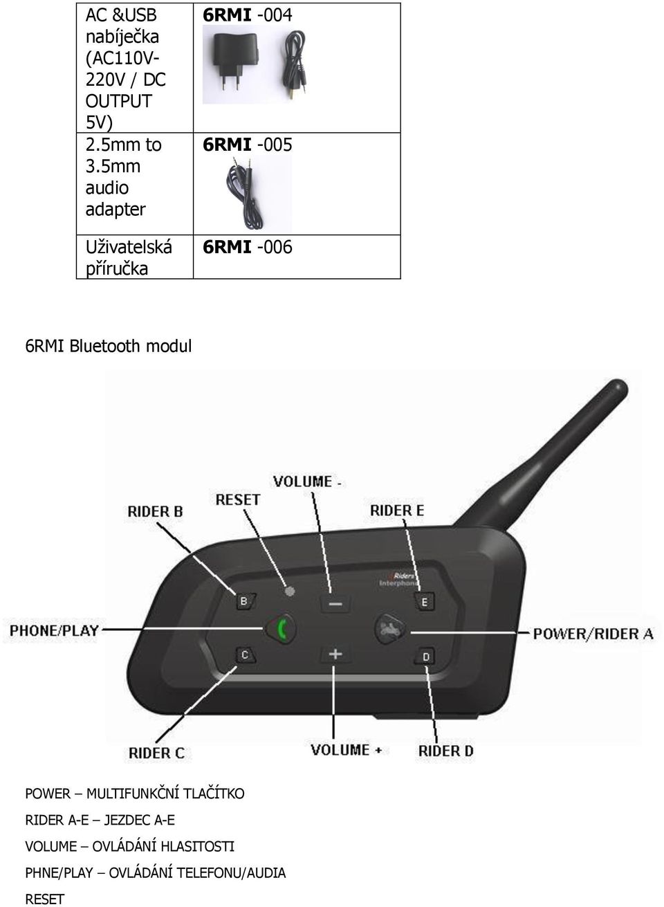 -006 6RMI Bluetooth modul POWER MULTIFUNKČNÍ TLAČÍTKO RIDER A-E