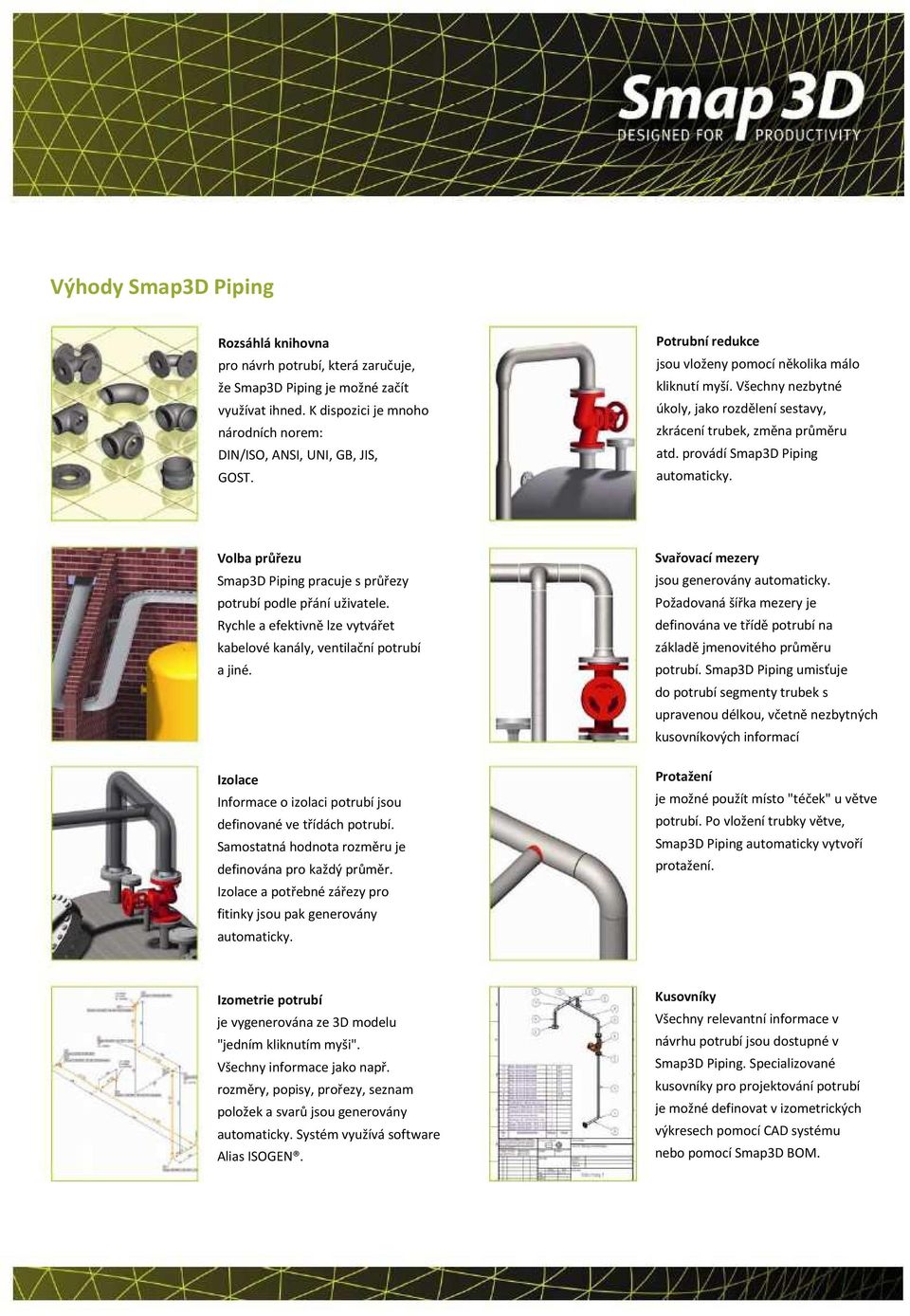 Volba průřezu Smap3D Piping pracuje s průřezy potrubí podle přání uživatele. Rychle a efektivně lze vytvářet kabelové kanály, ventilační potrubí a jiné.