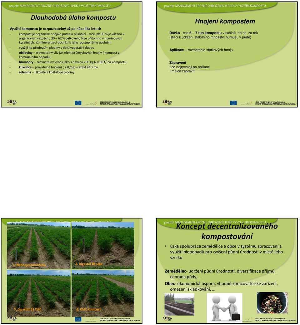 ( kompost z komunálního odpadu ) - brambory srovnatelný výnos jako s dávkou 200 kg N x 80 t/ ha kompostu - kukuřice pravidelné hnojení ( 27t/ha) efekt až 3 rok - zelenina lilkovité a košťálové