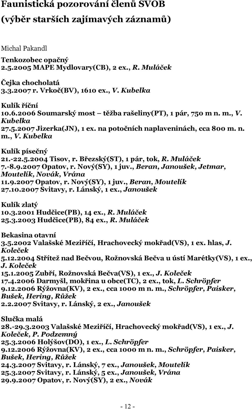 -22.5.2004 Tisov, r. Březský(ST), 1 pár, tok, R. Muláček 7.-8.9.2007 Opatov, r. Nový(SY), 1 juv., Beran, Janoušek, Jetmar, Moutelík, Novák, Vrána 11.9.2007 Opatov, r. Nový(SY), 1 juv., Beran, Moutelík 27.