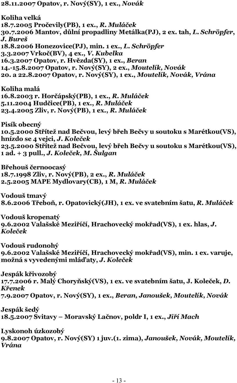 , Moutelík, Novák, Vrána Koliha malá 16.8.2003 r. Horčápský(PB), 1 ex., R. Muláček 5.11.2004 Hudčice(PB), 1 ex., R. Muláček 23.4.2005 Zliv, r. Nový(PB), 1 ex., R. Muláček Pisík obecný 10.5.2000 Střítež nad Bečvou, levý břeh Bečvy u soutoku s Marétkou(VS), hnízdo se 4 vejci, J.