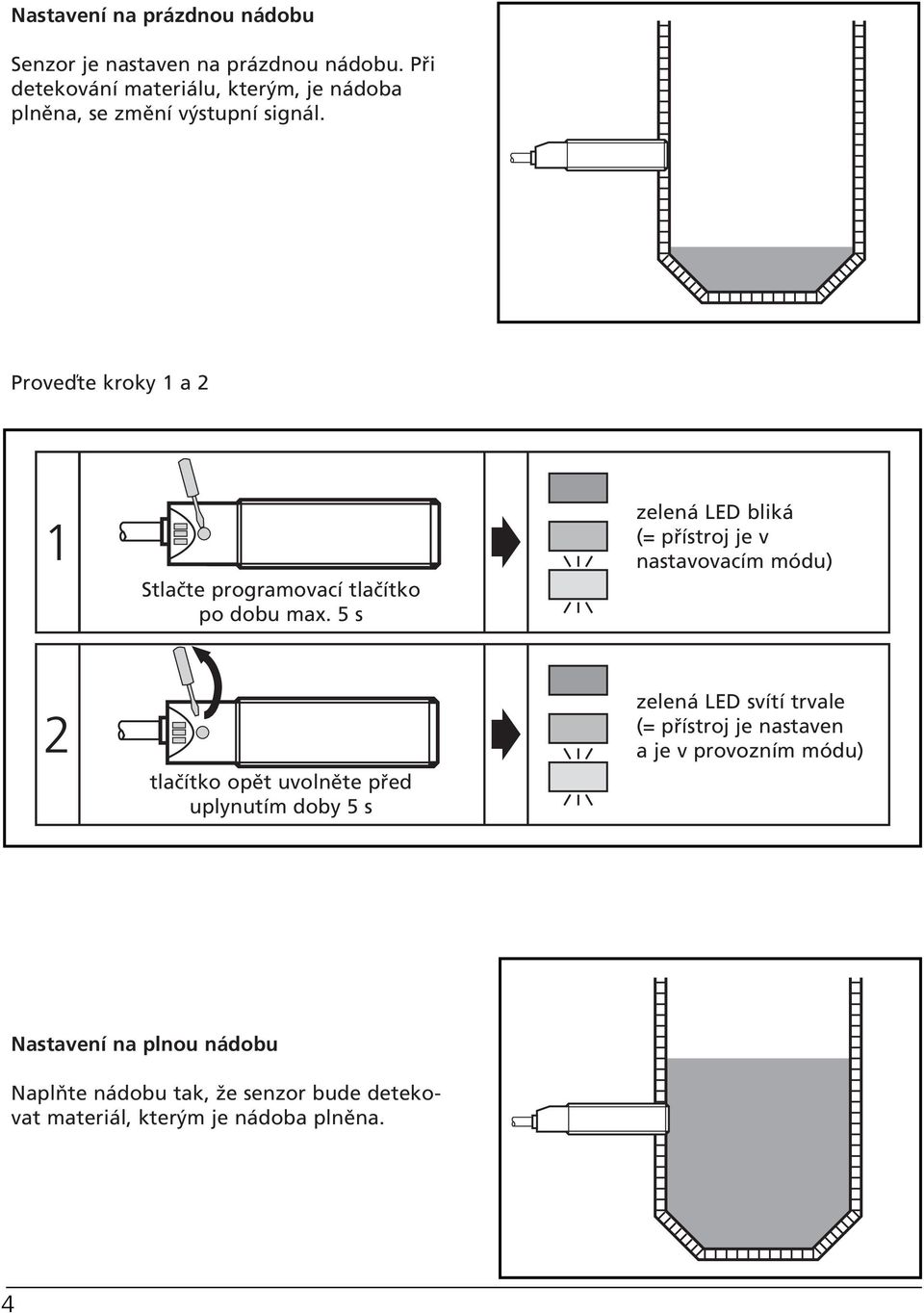 5 s zelená LED bliká (= přístroj je v nastavovacím módu) tlačítko opět uvolněte před uplynutím doby 5 s zelená LED