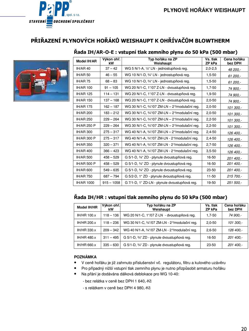 1,5-50 61 200,- IH/AR 75 68 83 WG 10 N/1-D, ¾ LN - jednostupňová reg. 1,5-50 61 200,- IH/AR 100 91 105 WG 20 N/1-C, 1 /07 Z-LN - dvoustupňová reg.