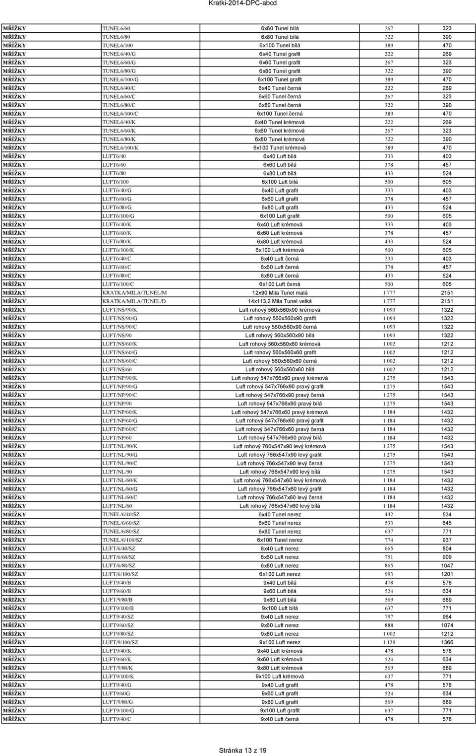 MŘÍŽKY TUNEL6/80/C 6x80 Tunel černá 322 390 MŘÍŽKY TUNEL6/100/C 6x100 Tunel černá 389 470 MŘÍŽKY TUNEL6/40/K 6x40 Tunel krémová 222 269 MŘÍŽKY TUNEL6/60/K 6x60 Tunel krémová 267 323 MŘÍŽKY