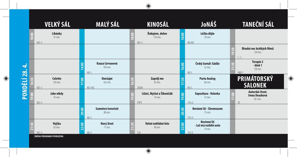 Expozitura - Volavka 75 min. 19:30 17:00 C : S HBO-T Dlouhá noc krátkých filmů Terapie 2 - blok 1 150 min. PRIMÁTORSKÝ SALONEK AČ Autorské čtení: Irena Dousková Vejška 85 min.