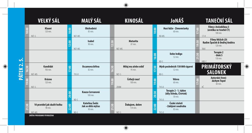 Miluj ma alebo odíď 95 min. Čefurji raus! Ďakujem, dobre 134 min. 16:00 17:30 20:30 22:00 ND-MS Husí kůže - Zimomriavky liebe Indigo Mých posledních 150 000 cigaret Vdova Terapie 2-1.