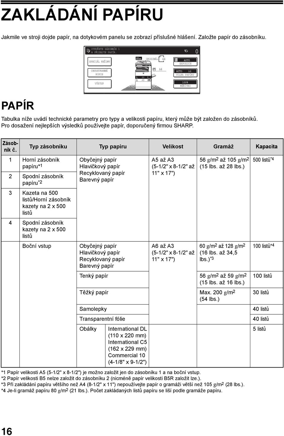 Pro dosažení nejlepších výsledků používejte papír, doporučený firmou SHARP. Zásobník č.