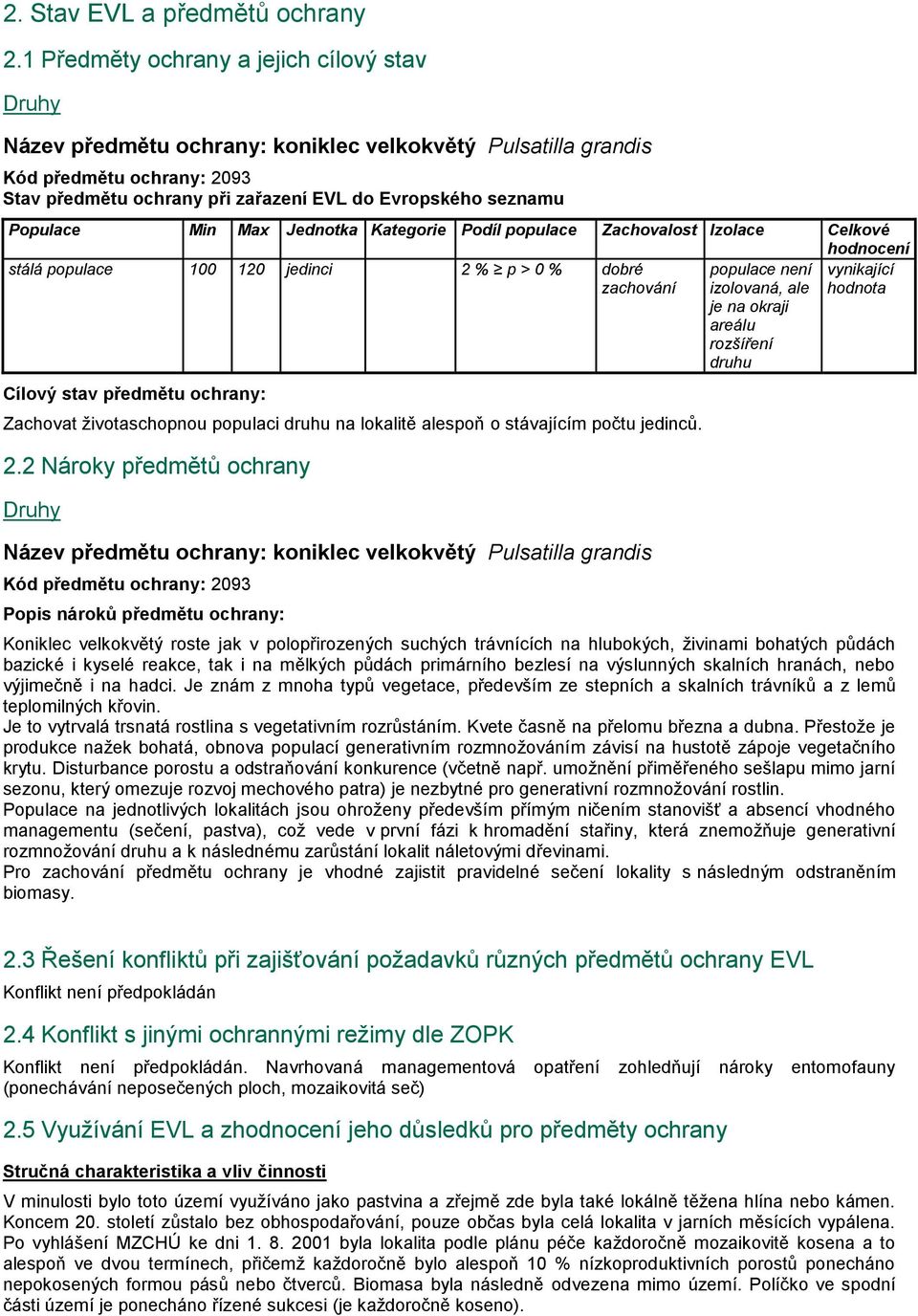 Populace Min Max Jednotka Kategorie Podíl populace Zachovalost Izolace Celkové hodnocení stálá populace 100 120 jedinci 2 % p > 0 % dobré populace není vynikající zachování izolovaná, ale hodnota je