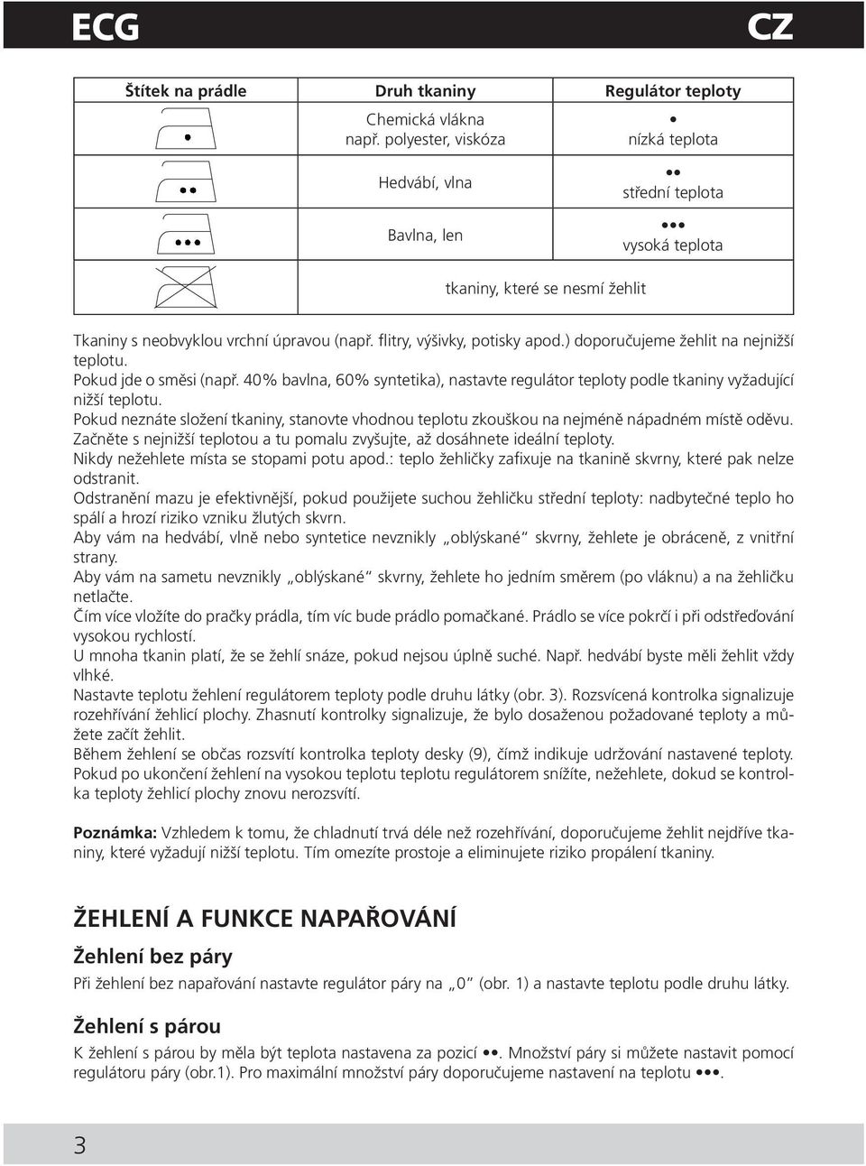 ) doporučujeme žehlit na nejnižší teplotu. Pokud jde o směsi (např. 40% bavlna, 60% syntetika), nastavte regulátor teploty podle tkaniny vyžadující nižší teplotu.