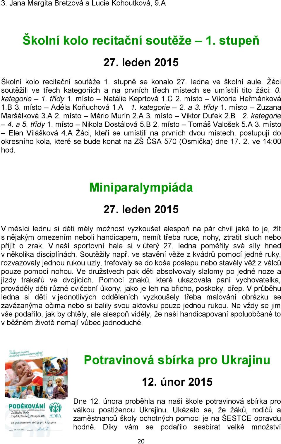 A 1. kategorie 2. a 3. třídy 1. místo Zuzana Maršálková 3.A 2. místo Mário Murín 2.A 3. místo Viktor Dufek 2.B 2. kategorie 4. a 5. třídy 1. místo Nikola Dostálová 5.B 2. místo Tomáš Valošek 5.A 3. místo Elen Vilášková 4.