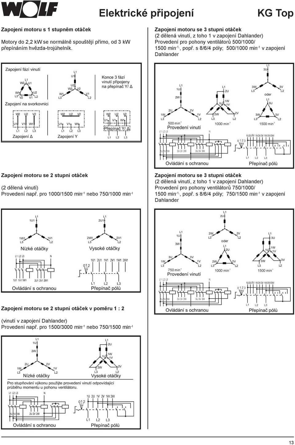 s 8/6/4 póly; 500/1000 min -1 v zapojení Dahlander Zapojení motoru se 2 stupni otáček (2 dělená vinutí) Provedení např.