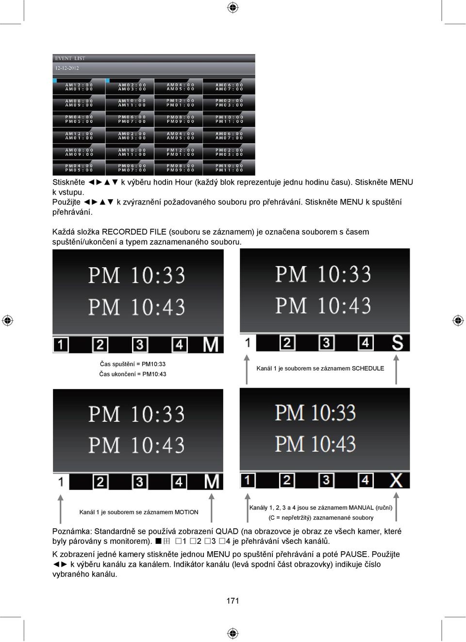 Čas spuštění = PM10:33 Čas ukončení = PM10:43 Kanál 1 je souborem se záznamem SCHEDULE Kanál 1 je souborem se záznamem MOTION Kanály 1, 2, 3 a 4 jsou se záznamem MANUAL (ruční) (C = nepřetržitý)