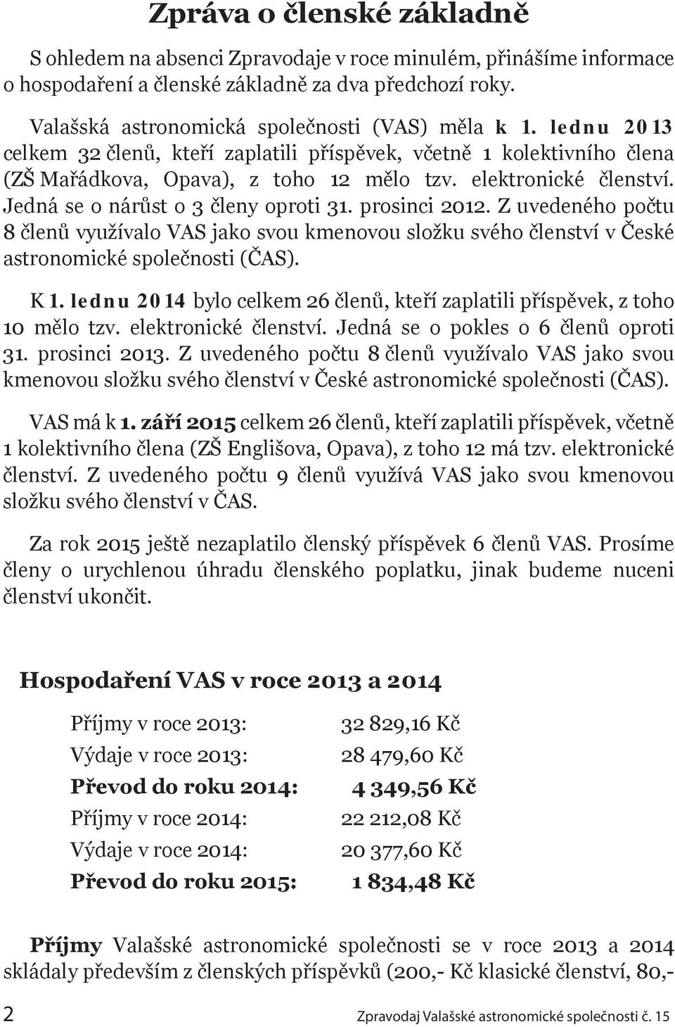 prosinci 2012. Z uvedeného počtu 8 členů využívalo VAS jako svou kmenovou složku svého členství v České astronomické společnosti (ČAS). K 1.