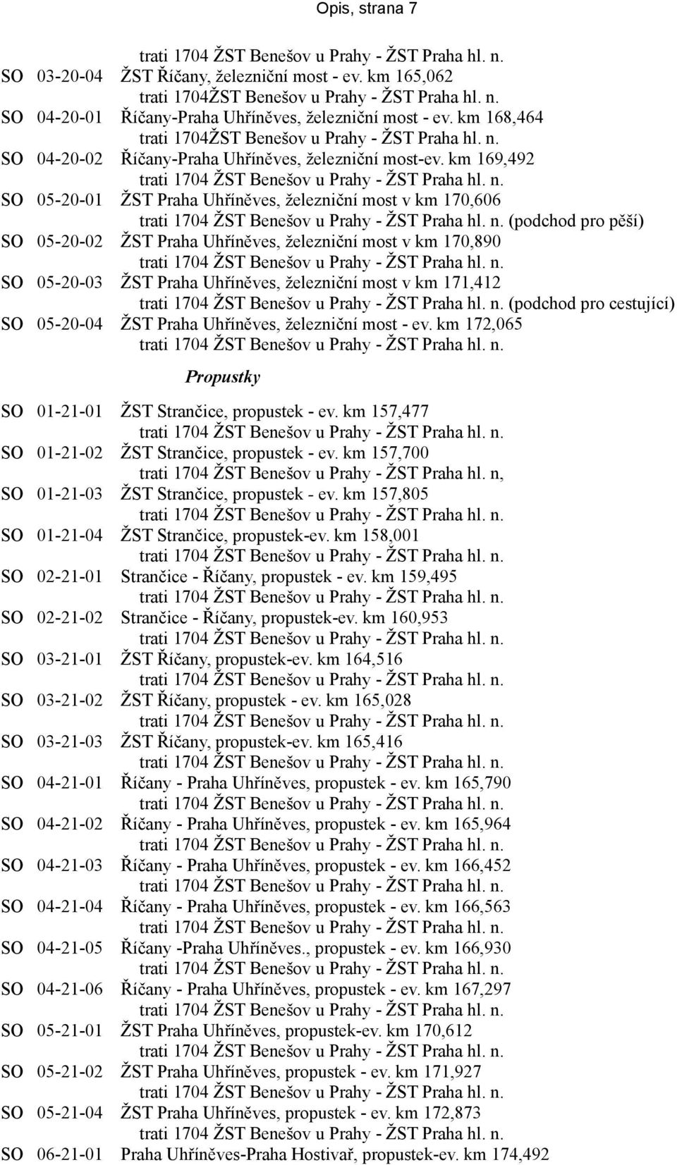 km 169,492 SO 05-20-01 ŽST Praha Uhříněves, železniční most v km 170,606 (podchod pro pěší) SO 05-20-02 ŽST Praha Uhříněves, železniční most v km 170,890 SO 05-20-03 ŽST Praha Uhříněves, železniční