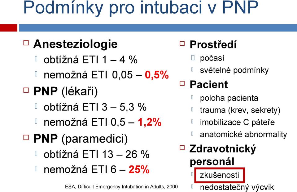 světelné podmínky Pacient obtížná ETI 3 5,3 % nemožná ETI 0,5 1,2% PNP (paramedici) poloha pacienta