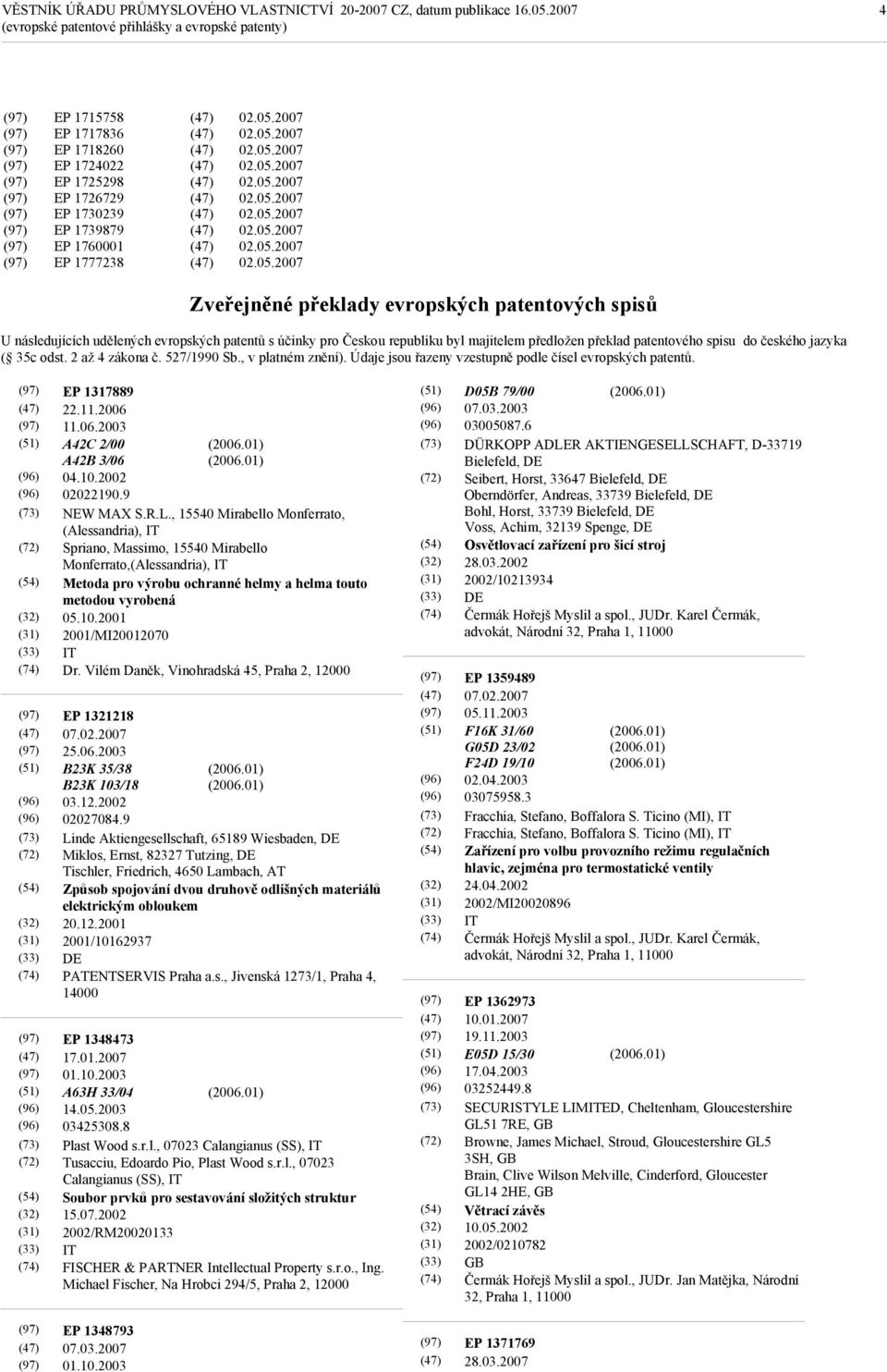 527/1990 Sb., v platném znění). Údaje jsou řazeny vzestupně podle čísel evropských patentů. EP 1317889 22.11.2006 11.06.2003 A42C 2/00 A42B 3/06 04.10.2002 02022190.9 NEW MAX S.R.L.