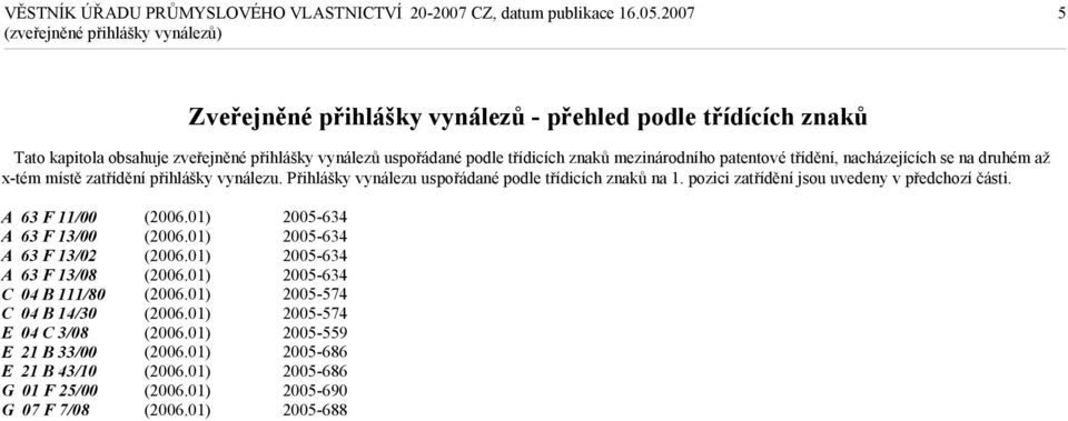 Přihlášky vynálezu uspořádané podle třídicích znaků na 1. pozici zatřídění jsou uvedeny v předchozí části.