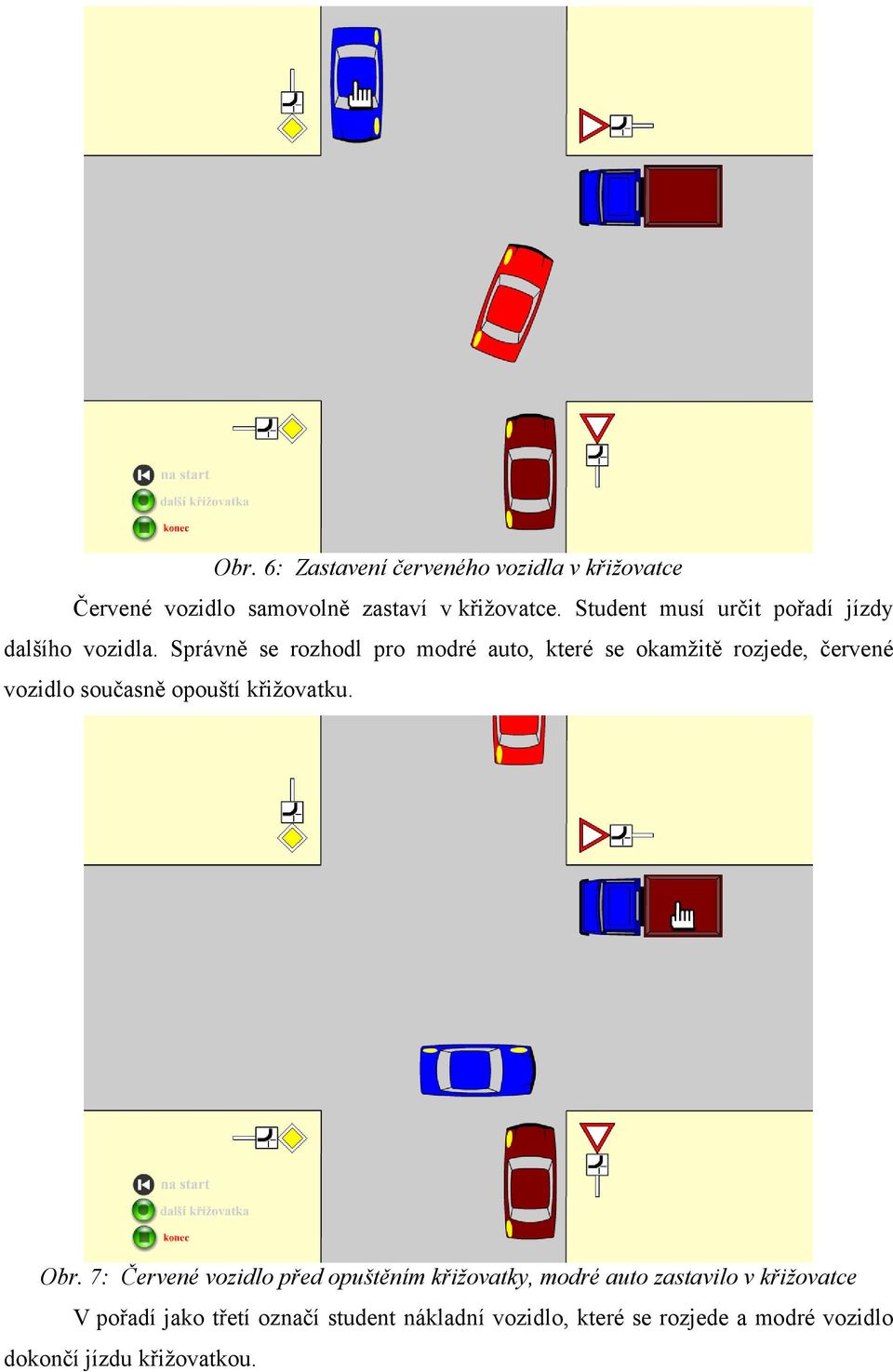 Správně se rozhodl pro modré auto, které se okamžitě rozjede, červené vozidlo současně opouští křižovatku. Obr.