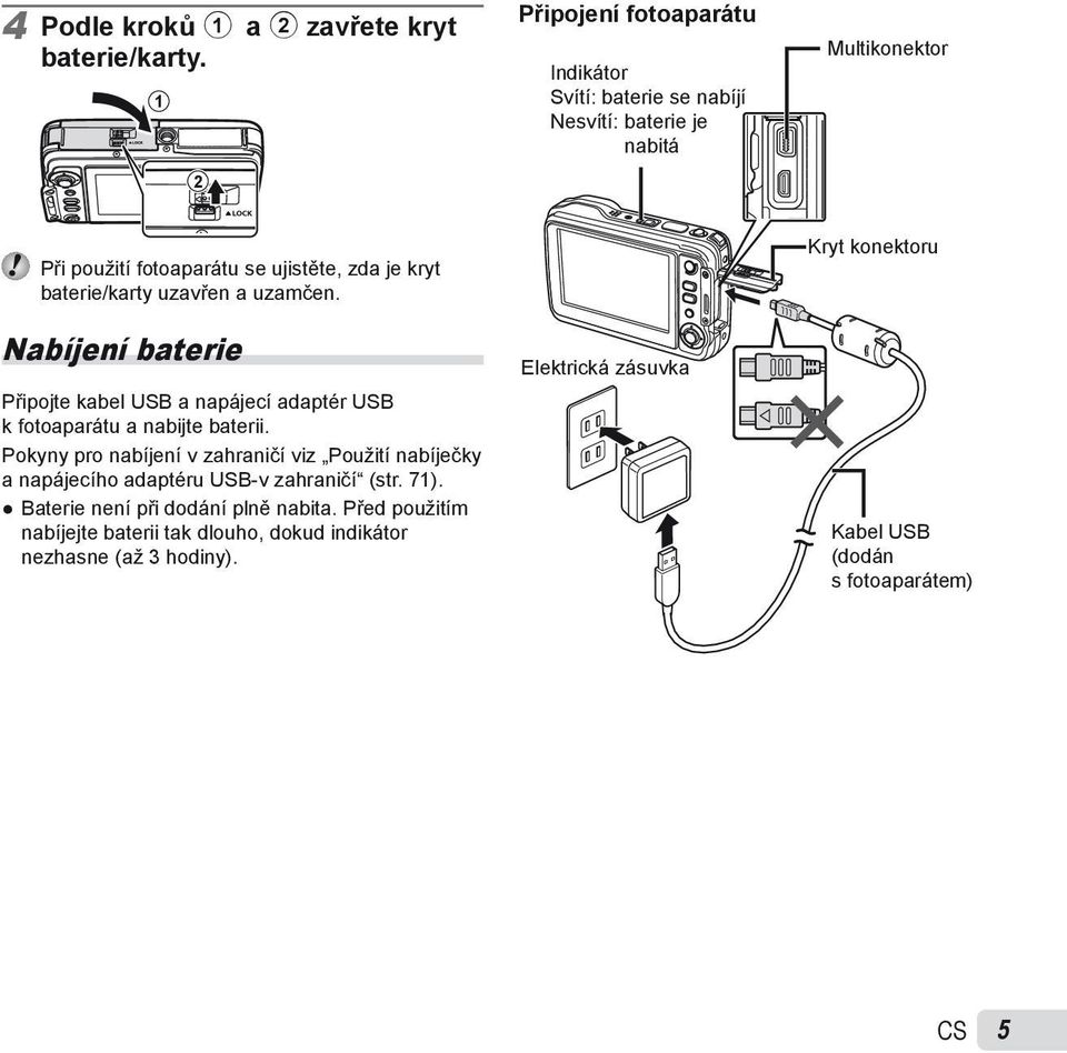 baterie/karty uzavřen a uzamčen. Nabíjení baterie Připojte kabel USB a napájecí adaptér USB k fotoaparátu a nabijte baterii.