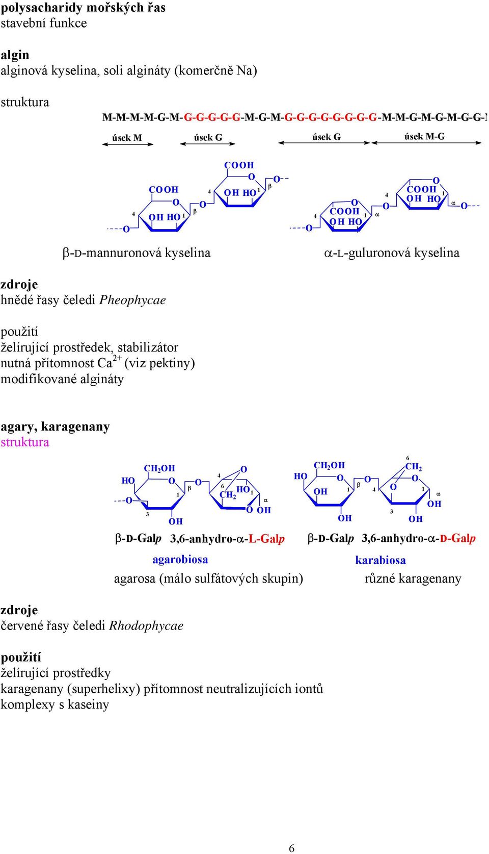 2+ (viz pektiny) modifikované algináty agary, karagenany C 2 3 červené řasy čeledi Rhodophycae agarobiosa agarosa (málo sulfátových skupin) C 2 -D-Galp