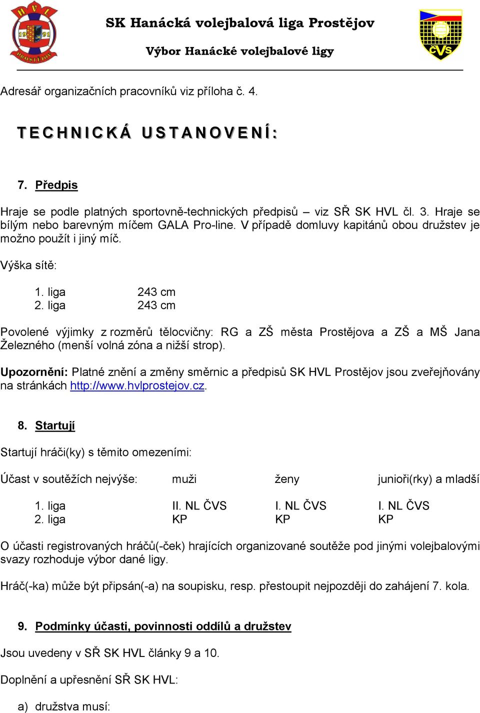 liga 243 cm Povolené výjimky z rozměrů tělocvičny: RG a ZŠ města Prostějova a ZŠ a MŠ Jana Železného (menší volná zóna a nižší strop).