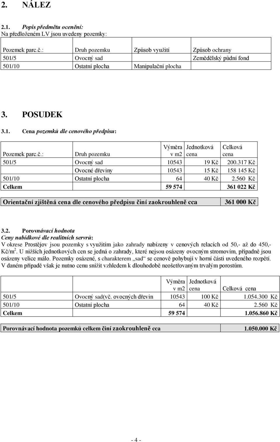 í plocha 3. POSUDEK 3.1. Cena pozemků dle cenového předpisu: Pozemek parc.č.: Druh pozemku Výměra Jednotková v m2 cena Celková cena 501/5 Ovocný sad 10543 19 Kč 200.