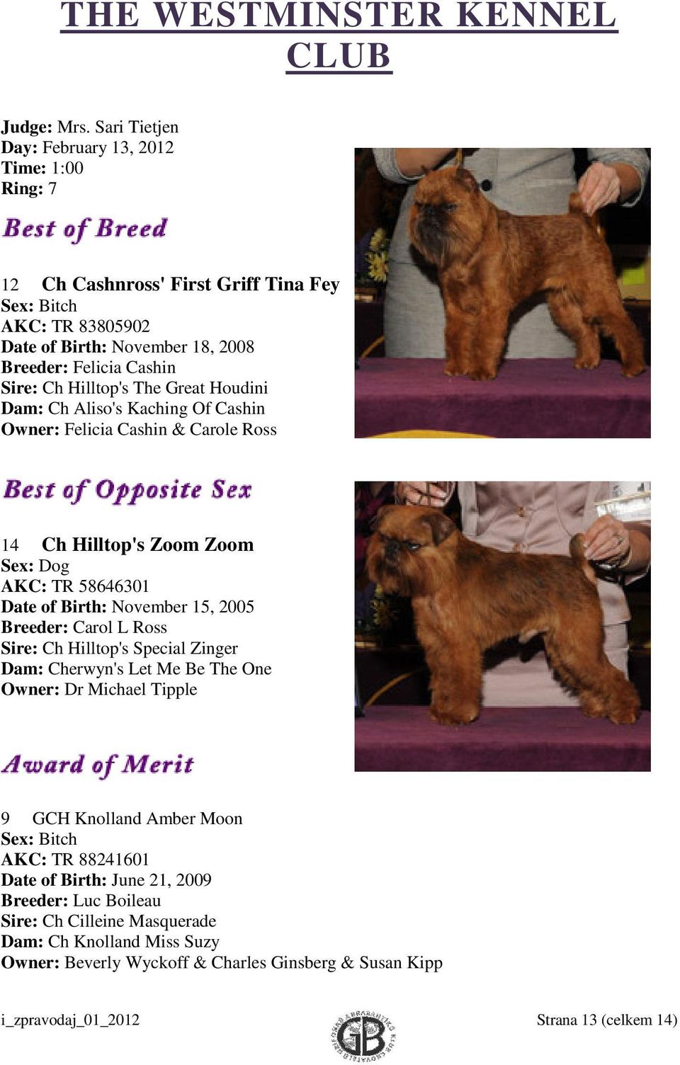 Hilltop's The Great Houdini Dam: Ch Aliso's Kaching Of Cashin Owner: Felicia Cashin & Carole Ross 14 Ch Hilltop's Zoom Zoom Sex: Dog AKC: TR 58646301 Date of Birth: November 15, 2005 Breeder: