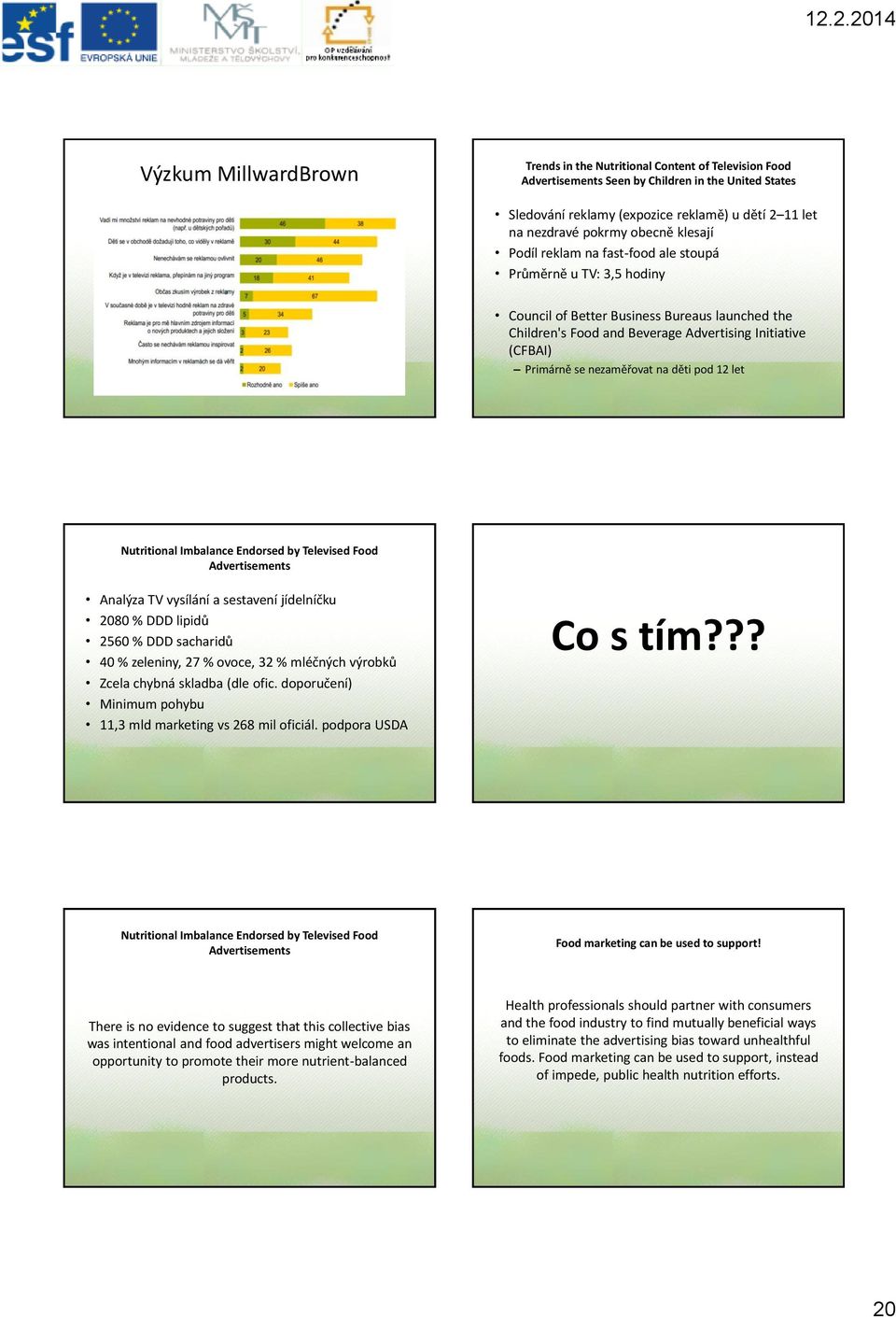 nezaměřovat na děti pod 12 let Nutritional Imbalance Endorsed by Televised Food Advertisements Analýza TV vysílání a sestavení jídelníčku 2080 % DDD lipidů 2560 % DDD sacharidů 40 % zeleniny, 27 %