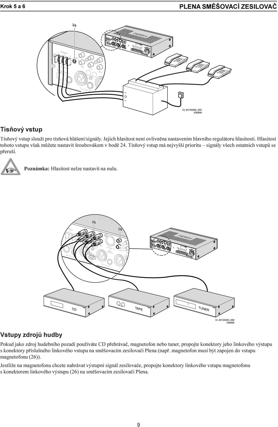 Vstupy zdrojù hudby Pokud jako zdroj hudebního pozadí používáte CD pøehrávaè, magnetofon nebo tuner, propojte konektory jeho linkového výstupu s konektory pøíslušného linkového vstupu na smìšovacím